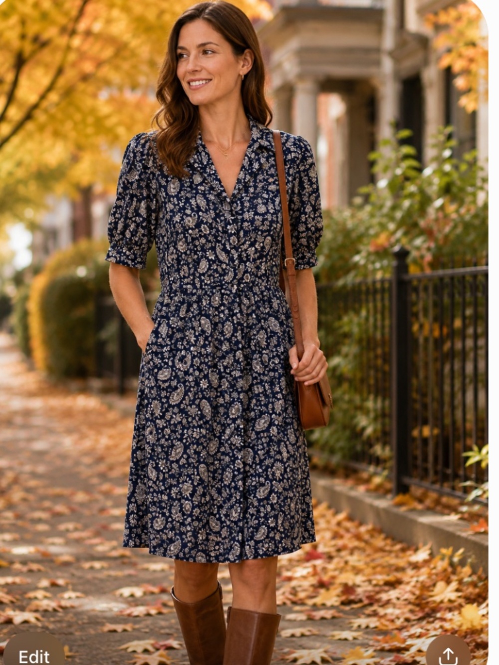 Boden Floral Paisley Shirt Dress US 10 UK 14 Navy Blue 100% Cotton Button Front